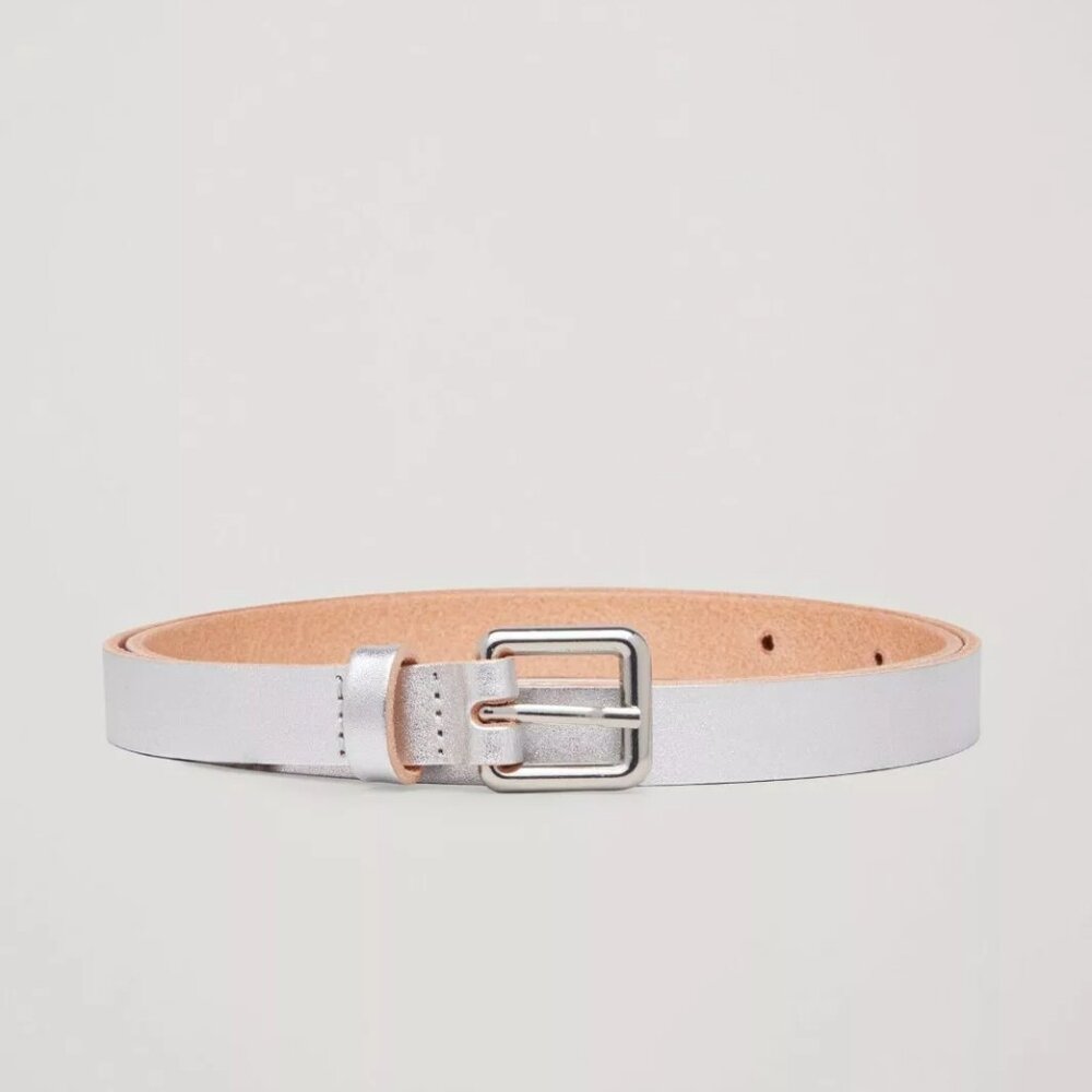 Women's silver leather belt by COS XS/S 36" long 27" -32" waist NWT